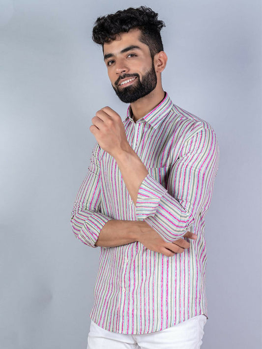 Miravan Men's Regular Fit Multi Stripe Cotton Button Down Full Sleeve Slim Fit Shirt