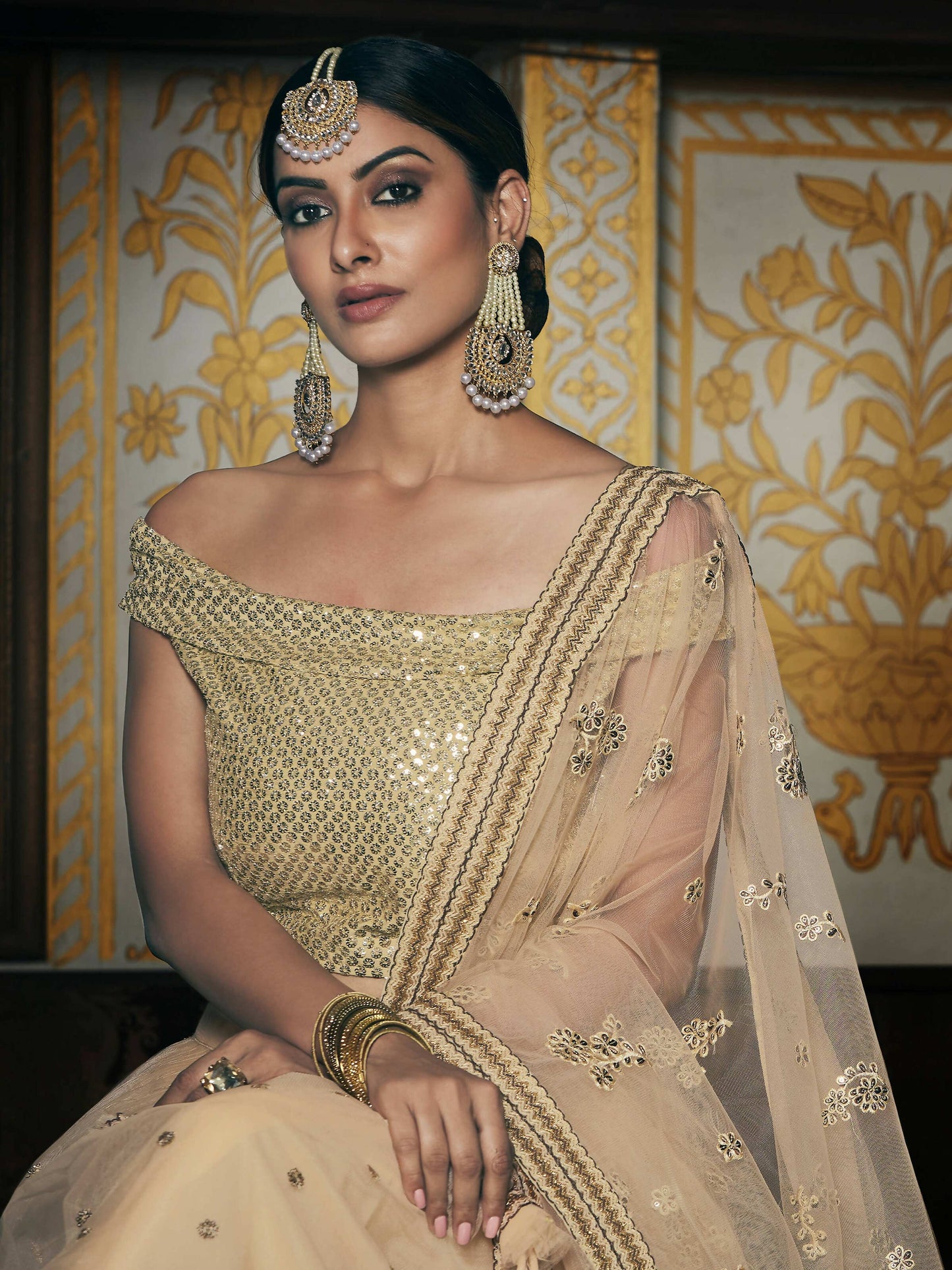 Wedding Designer Sequene Zari Resham Embroidery Cream Net Lahengha Choli - Anbazaar