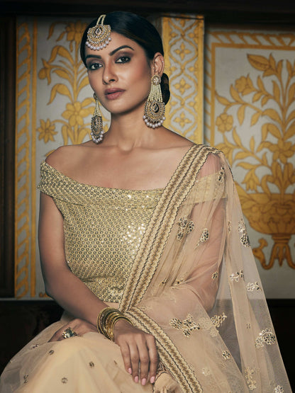 Wedding Designer Sequene Zari Resham Embroidery Cream Net Lahengha Choli - Anbazaar