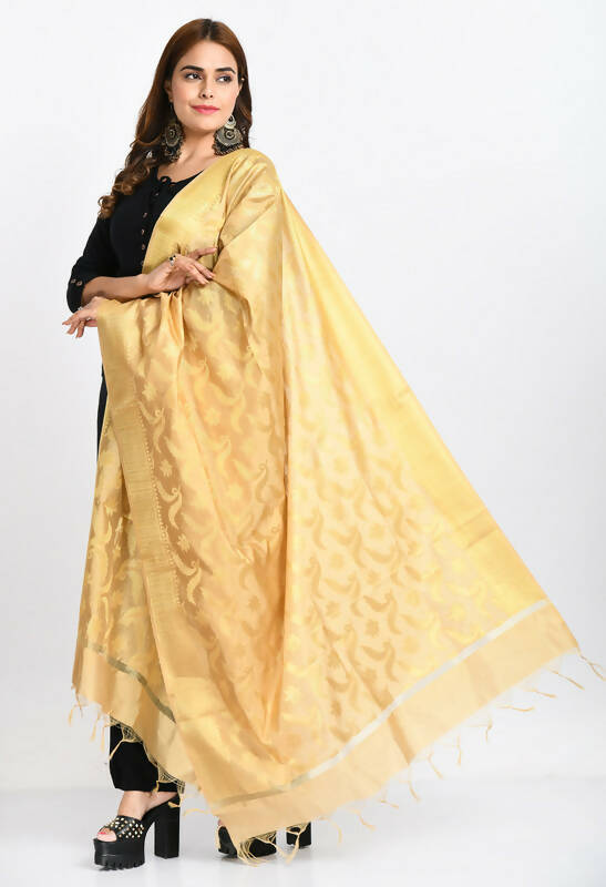 Mominos Fashion Moeza Women's Banarsi Silk Floral Woven Design Golden Dupatta