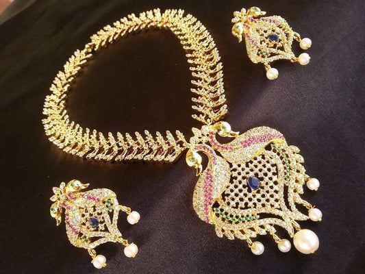 Multicolor Elegant Peacock Bridal Neck Set with Earrings