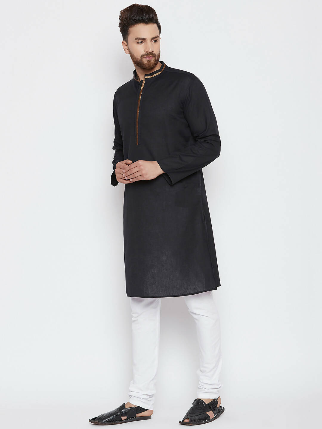 Even Apparels Black Color Pure Cotton Men's Kurta With Band Collar