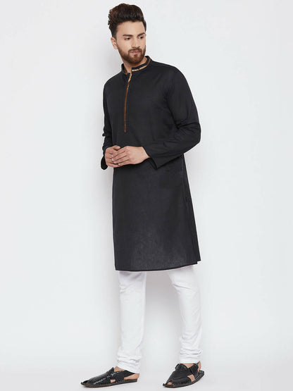 Even Apparels Black Color Pure Cotton Men's Kurta With Band Collar