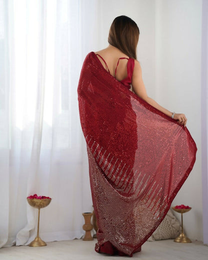 Red Georgette Designer Sequence Embroidery Work Saree - Sitare