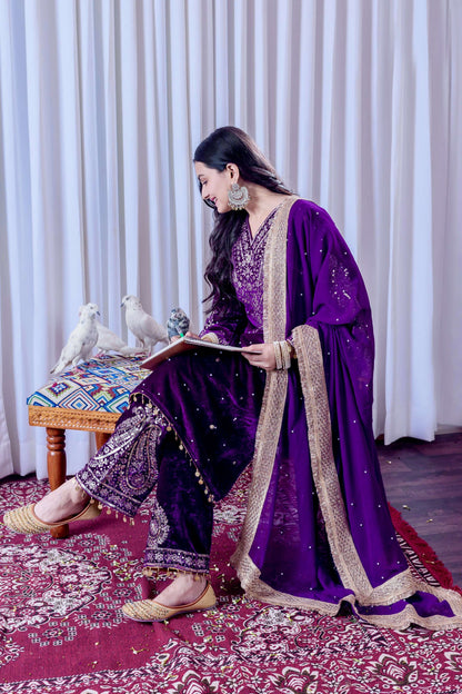 Teeya Creation Purple Color Velvet Silk Embroidery Work Party Wear Suit