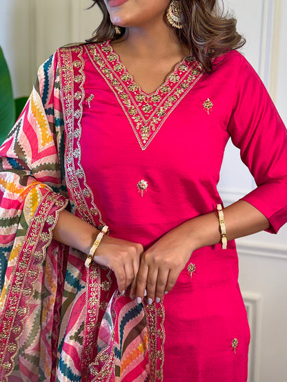 The52 Women's Gorgeous Viscose Embroidery Straight Kurta with Pant And Dupatta Set