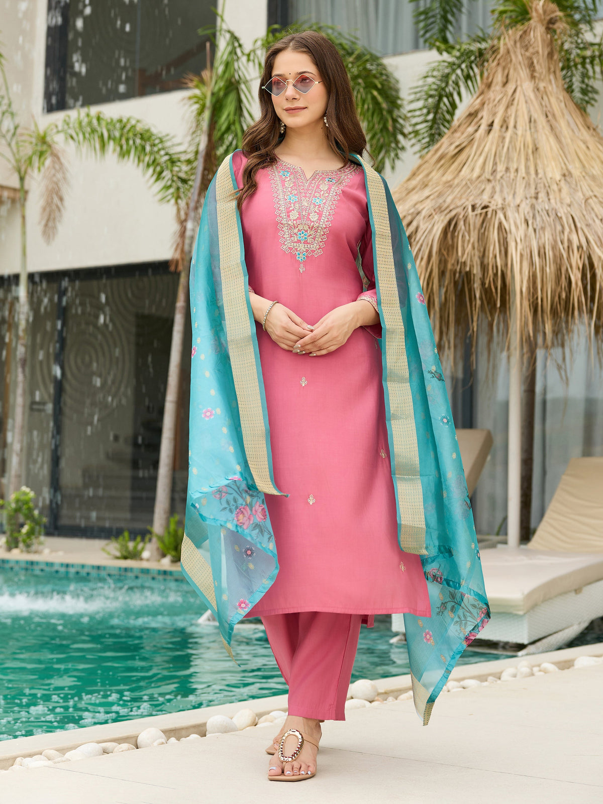 The52 Women Gorgeous Embroidery Work with Viscose Silk Fabric Straight Kurta, Pant and Dupatta Set