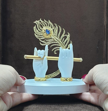 House Of Wemy Gold-Polished Melody Krishna Hands Idol with Flute and Peacock Feather - White