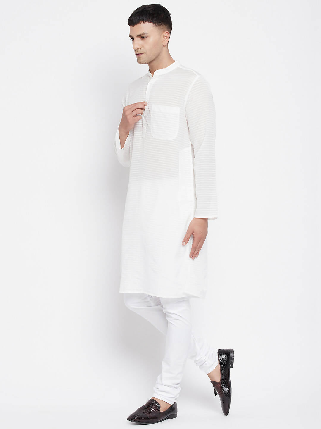 Even Apparels Pure Cotton Men's Kurta With Band Collar in White Color