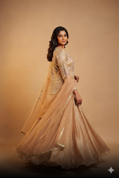 Golden lehenga Choli set with long blouse