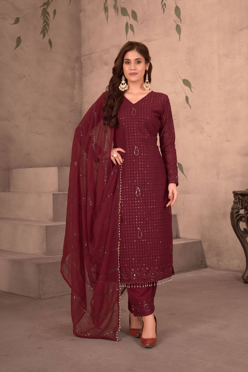 Lehenga Mart Festival maroon embroidery Ready Made kurti with pant and dupatta
