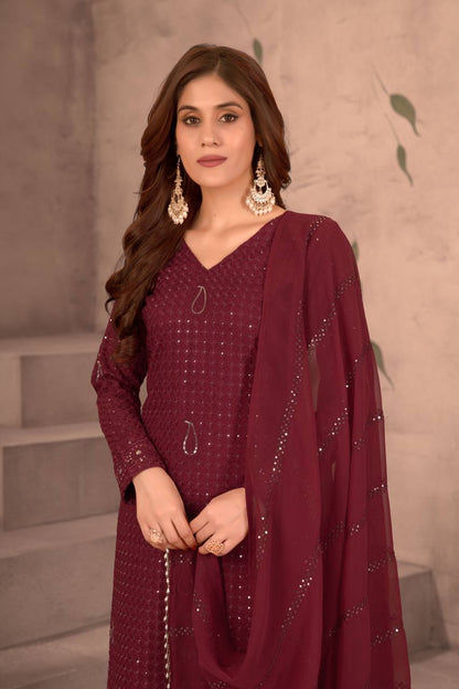 Lehenga Mart Festival maroon embroidery Ready Made kurti with pant and dupatta