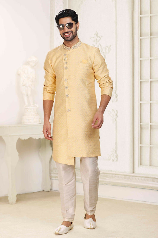 Raivat Ethnic Banarasi Jacquard Embroidery Semi Indo Western Sherwani In Yellow Colour