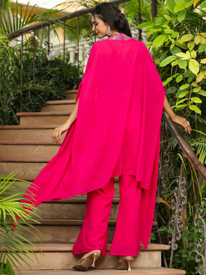 Janasya Pink Georgette Embroidered Top Bottom Cape