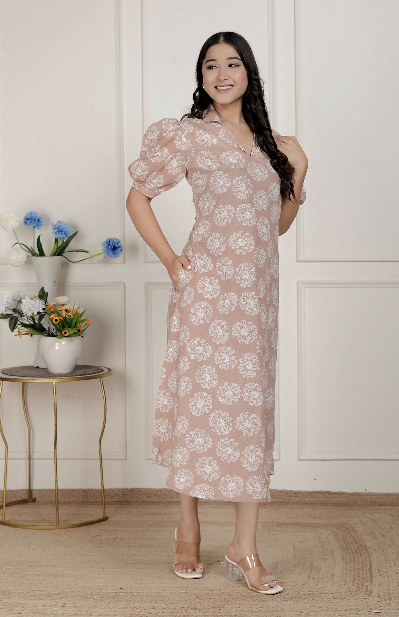 Miravan Womens Puff Sleeve Cheeku Pure Cotton Printed Maxi Dress