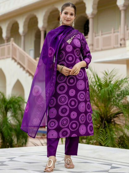 The52 Purple Women's Gorgeous Rayon Embroidered Straight Kurta with Pant And Dupatta Set