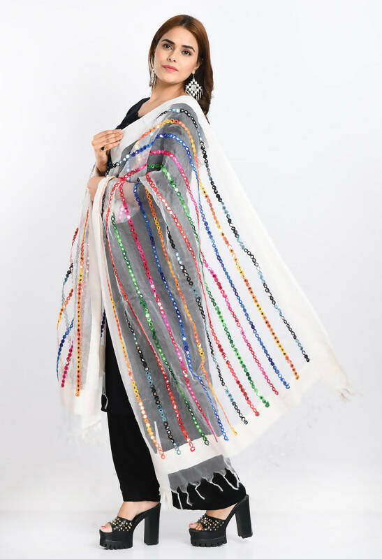 Mominos Fashion Moeza Women's Orgenza Multi Thread Mirror Work White Dupatta