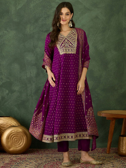 The52 Wine Women's Gorgeous Embroidered Work Vichitra Silk Fabric Flared Kurta Pant and Dupatta Set