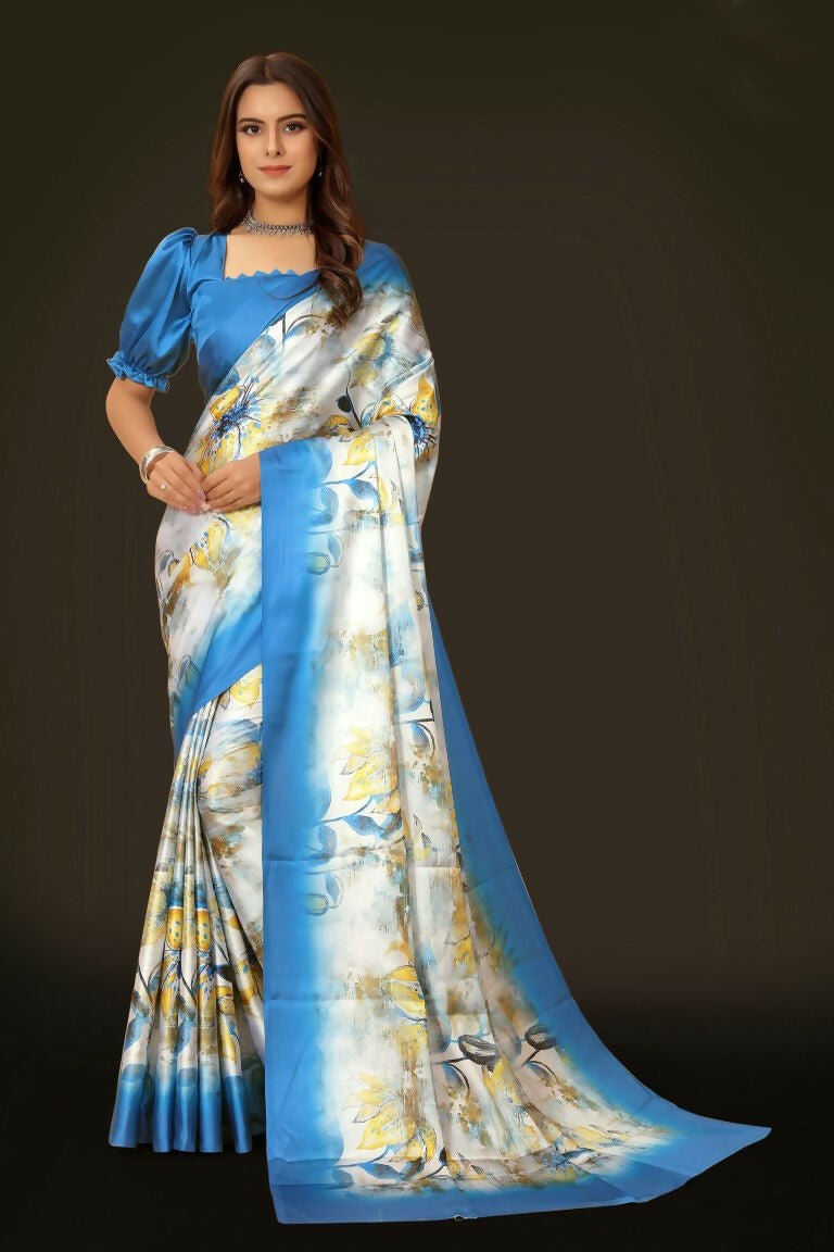 Aayaa Designer Printed Satin Saree - Multi Color