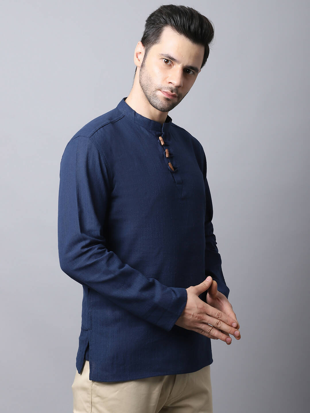 Even Apparels Navy Pure Cotton Men's Kurta With Band Collar