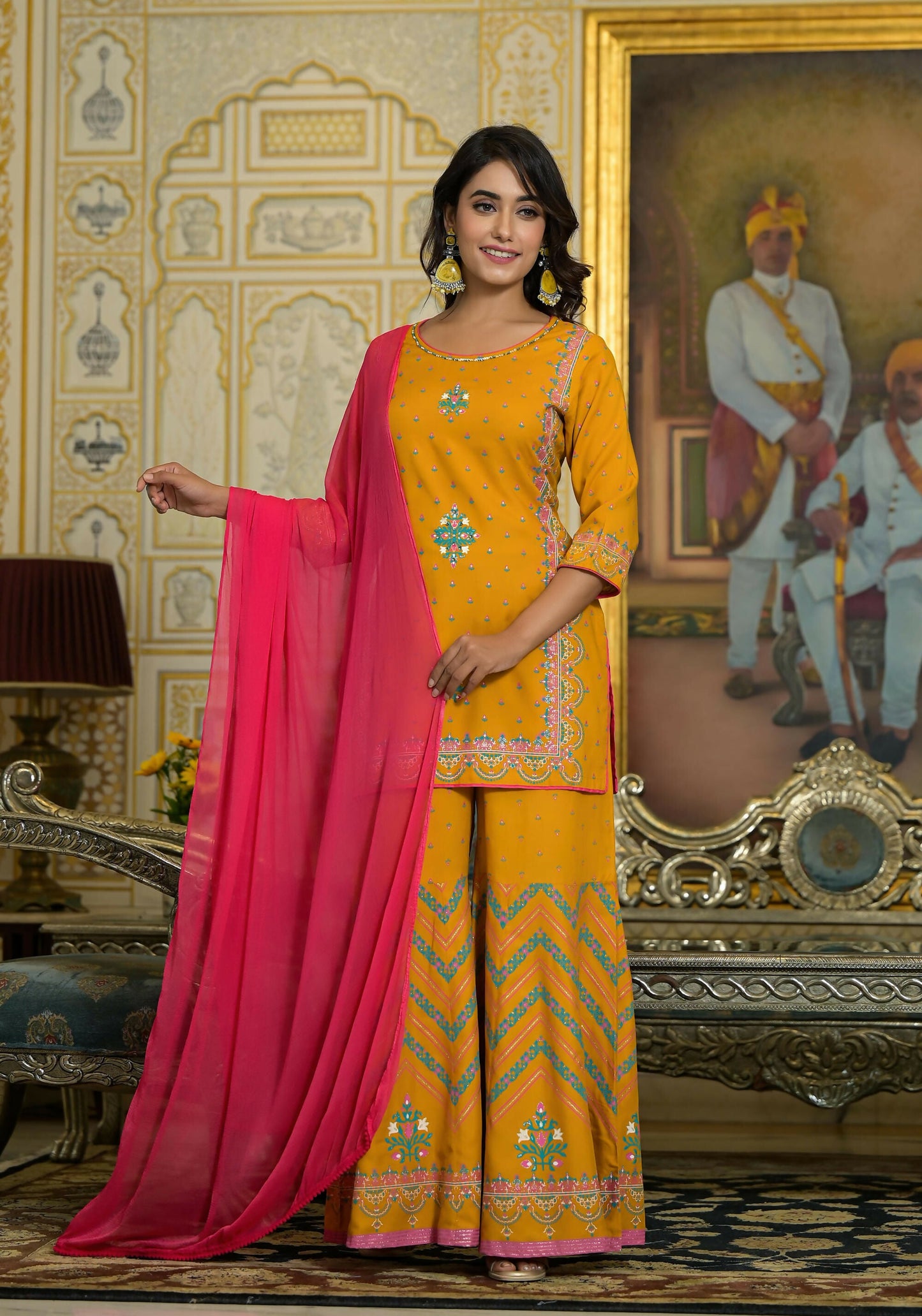 Juniper Women's Mustard Ethnic Motif Printed Liva Rayon Tunic Sharara And Dupatta Set With Sequins & Gota Patti Work