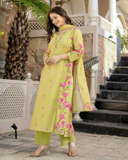 The52 Lemons Women's Beautiful Chanderi Fabric Printed Work Straight Kurta Pant and Dupatta Set