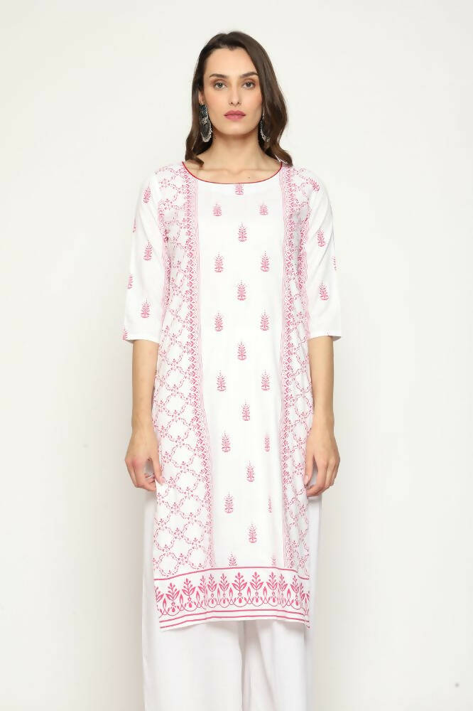 Maai Rayon Hand Printed Kurta Off-White