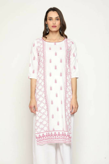Maai Rayon Hand Printed Kurta Off-White