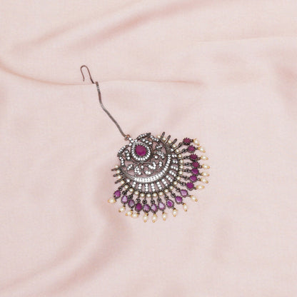 Oversized Diamond & Maroon Stone Maang Tikka- Ruby Raang