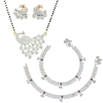 AanyaCentric Gold-Polished Mangalsutra Pendant Earring Set & Silver Plated Anklet