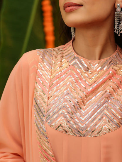 Janasya Peach Georgette Sequined Kurta,Bottom & Dupatta