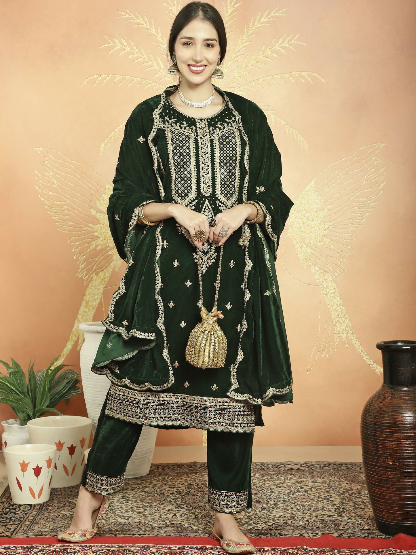Jyoti Fashion Women's Green Velvet Cording with Resham Thread & Sequin Kurta with Trouser & Dupatta