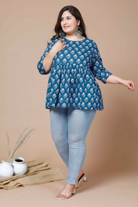 Miravan Women's Blue Plus Size Cotton Floral Printed Short Kurti