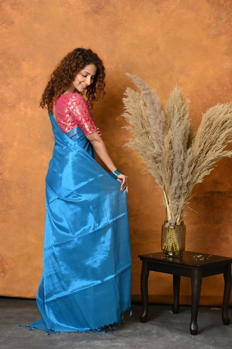 Very Much Indian Fusion Cotton Tissue Shimmer Saree - Light Blue