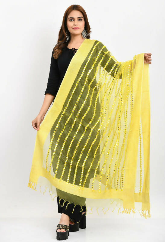 Mominos Fashion Moeza Women's Orgenza Mirror Stripe Thread Work Lemon Yellow Dupatta