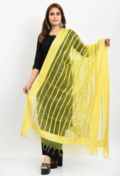 Mominos Fashion Moeza Women's Orgenza Mirror Stripe Thread Work Lemon Yellow Dupatta