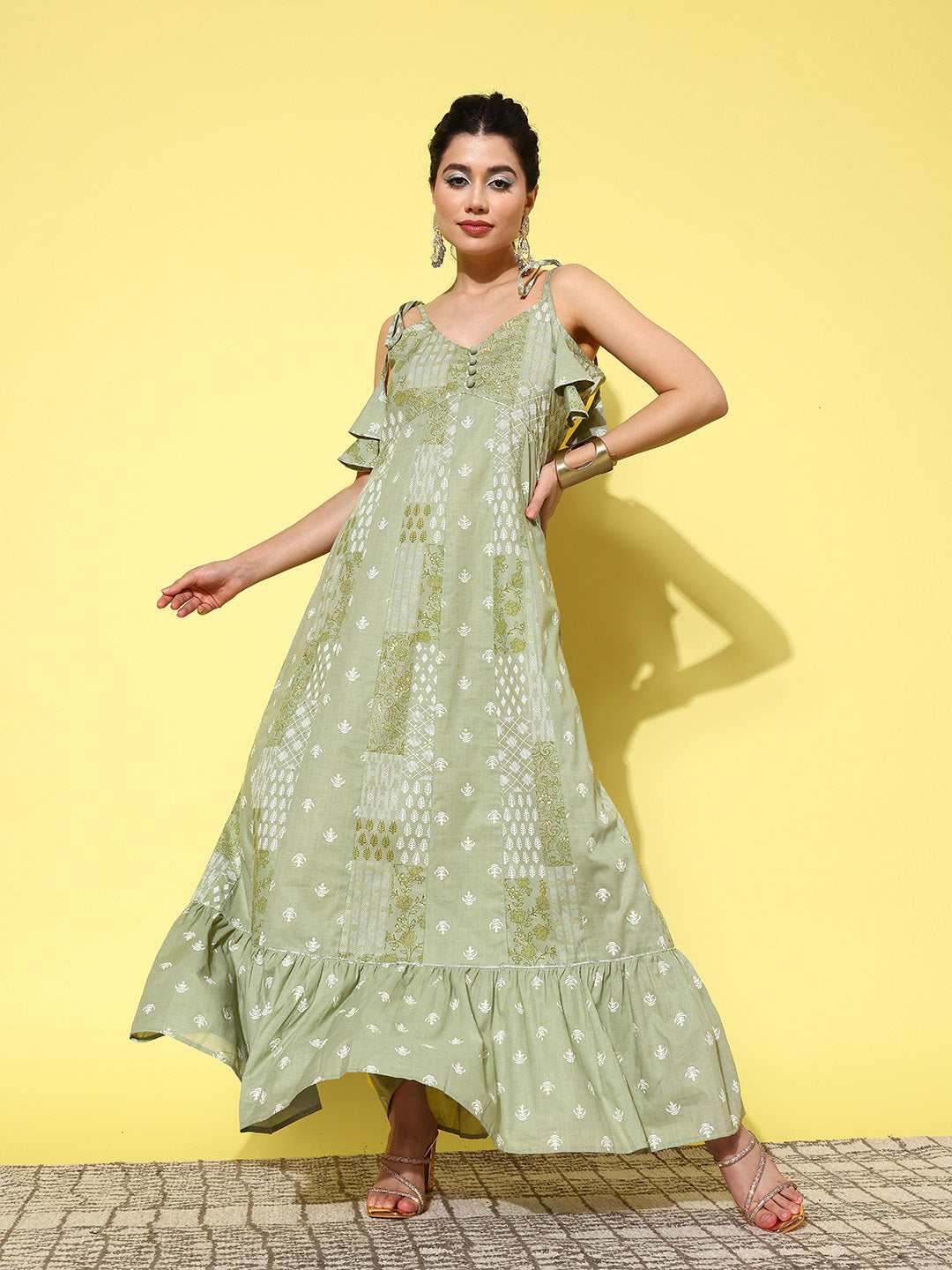 Yufta Green Ethnic Motifs Print Cotton A-Line Maxi Dress