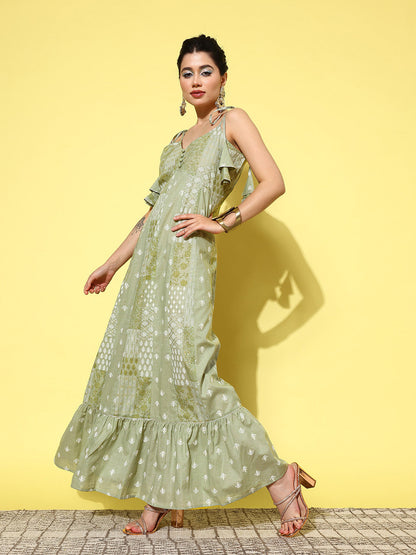 Yufta Green Ethnic Motifs Print Cotton A-Line Maxi Dress