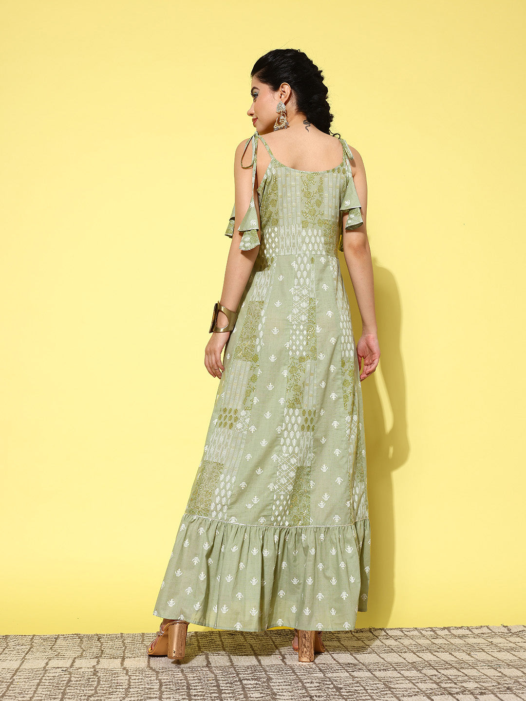 Yufta Green Ethnic Motifs Print Cotton A-Line Maxi Dress