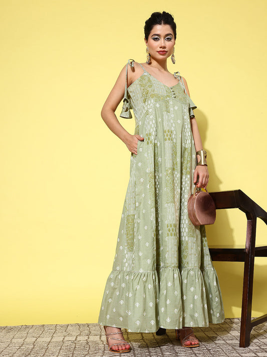 Yufta Green Ethnic Motifs Print Cotton A-Line Maxi Dress