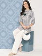 Yufta Green and pink Print Mandarin Collar Ethnic Linen Top