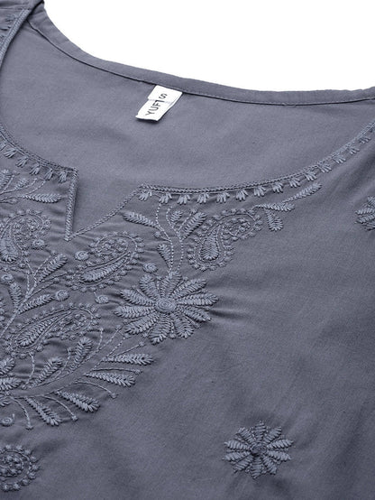 Yufta Grey Floral Chikankari Embroidered Pure Cotton Top
