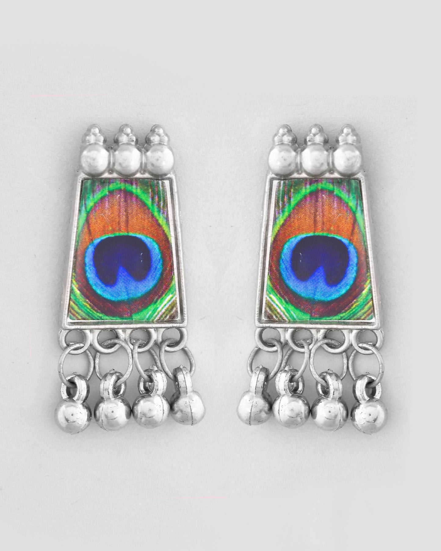 VOJ Silver Plated Oxidized Peacock Print Hasli with Earring Set