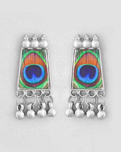 VOJ Silver Plated Oxidized Peacock Print Hasli with Earring Set