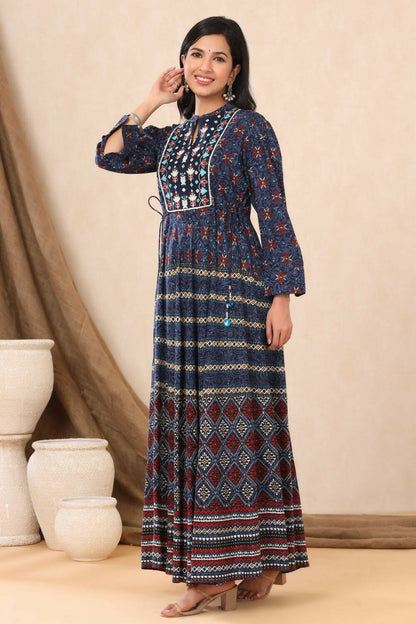 Juniper Womens Indigo Rayon Multicolor Printed Maxi Dress With Yoke Mirror Embroidery