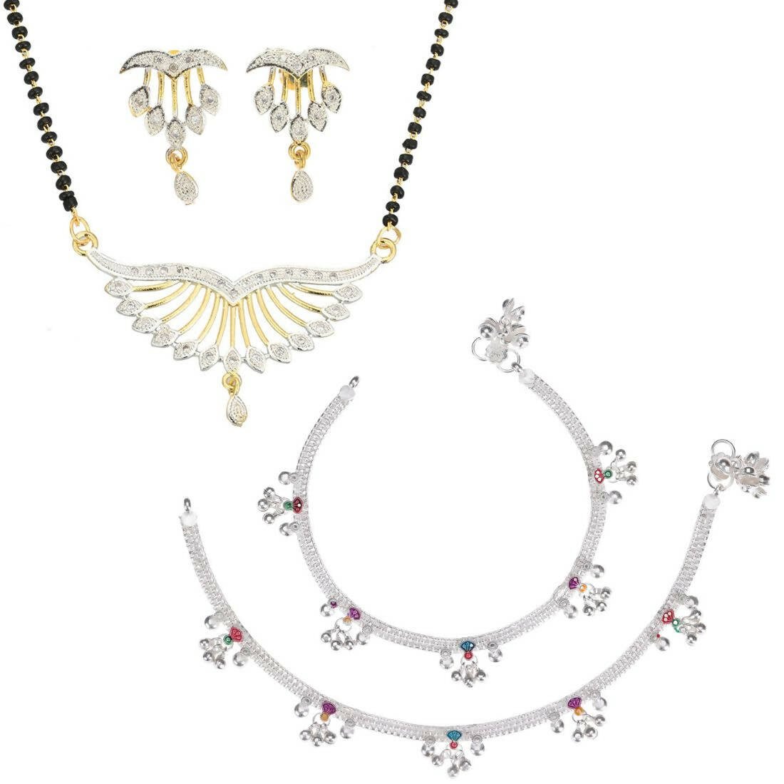 AanyaCentric Gold-Polished Mangalsutra Pendant Earring Set & Silver Plated Anklet