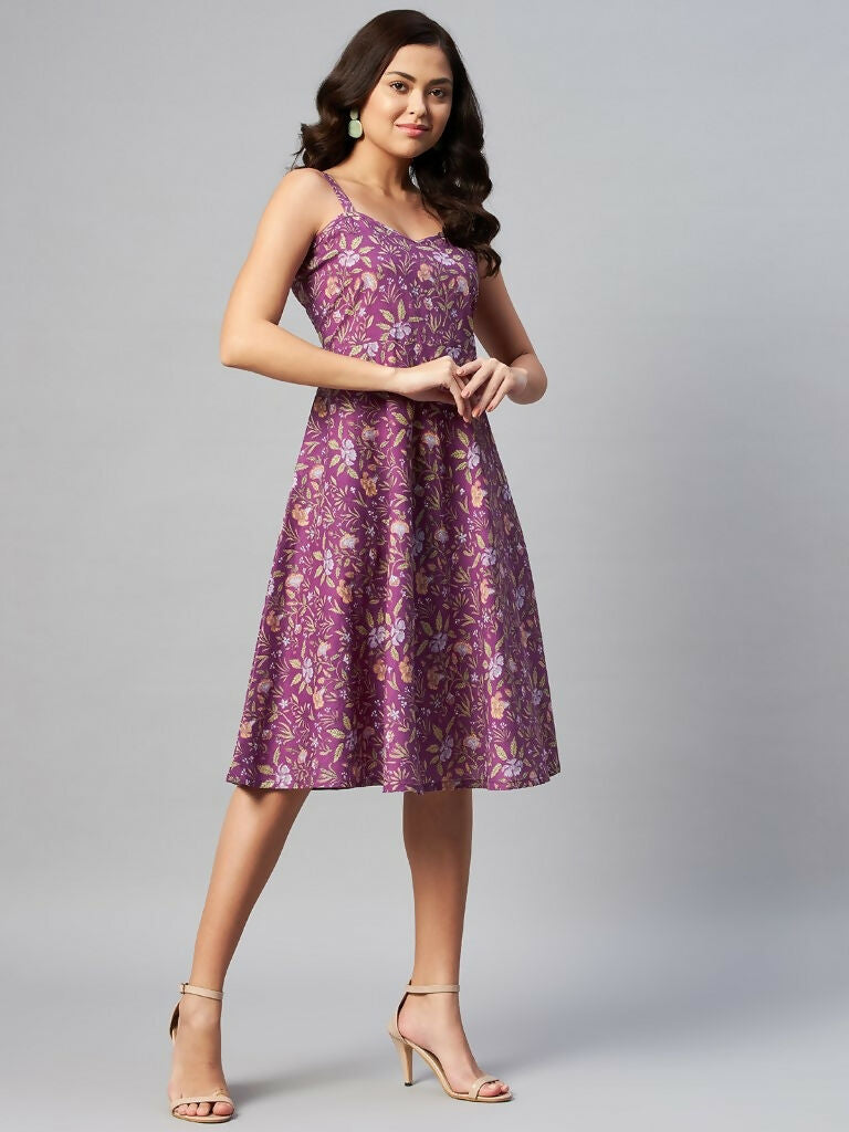 Miravan Women's Purple Floral Printed Midi Length Dress