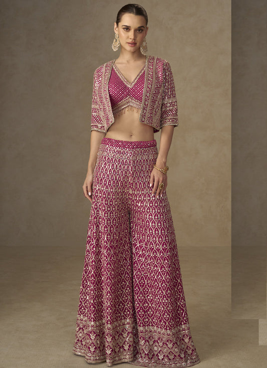 Vegaa Fashion Pink Georgette Embroidered & Hand Work Jacket Style Co-Ord Set