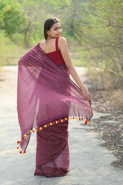 Very Much Indian Designer Pure Cotton Saree With All Over Linear Stripes - Maroon