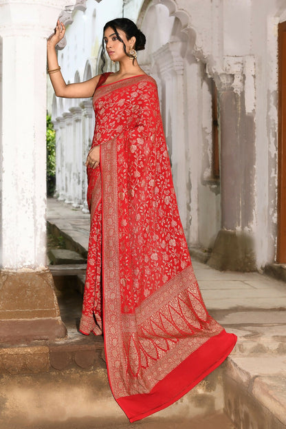 Joban Fashion Red Crepe Chiffon Banarasi Pure Handloom Banarasi Silk Saree